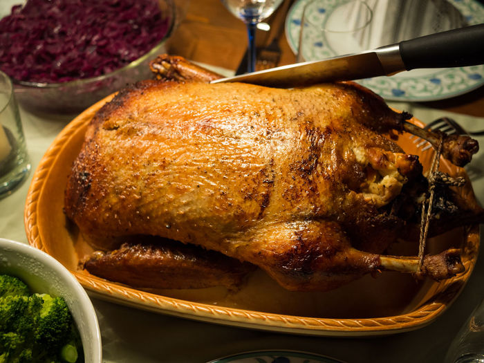 Close-up of roasted turkey at christmas dinner