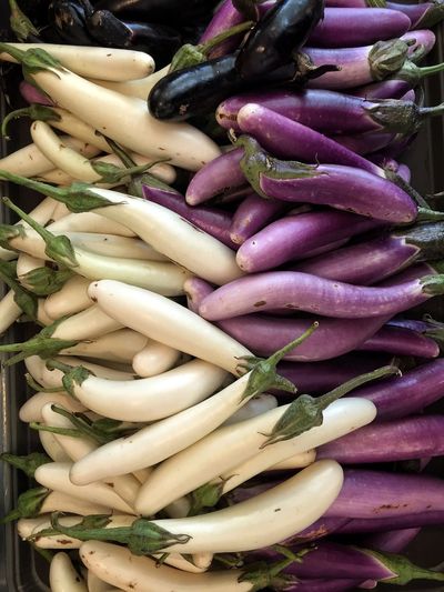 High angle view of eggplants for sale in market