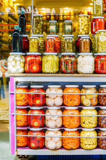 Food in jars for sale in store