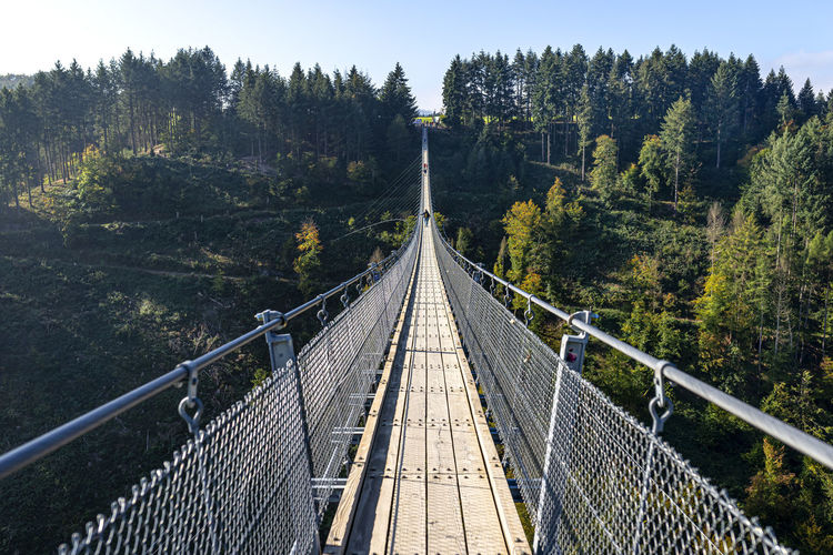 Suspension wooden bridge with steel ropes over a dense forest in west germany.