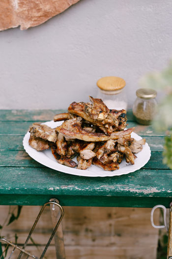 High angle view of food in plate on table
