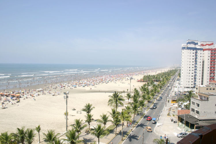 High angle view of beach against sky in city