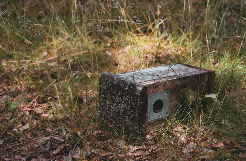 High angle view of old birdhouse by grass