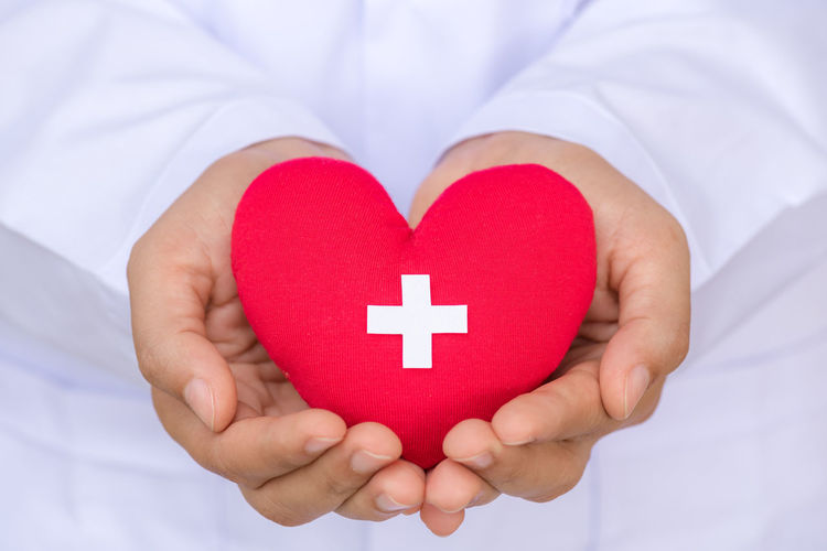 Close-up of doctor holding heart shape with red cross