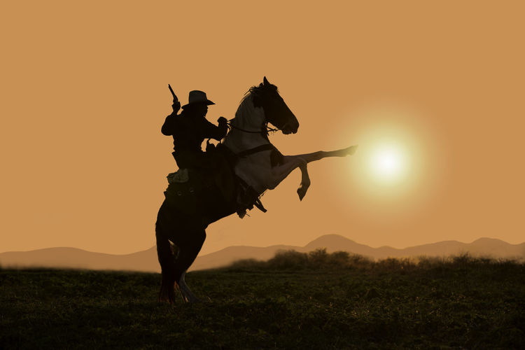 Man riding horse on land against sky during sunset