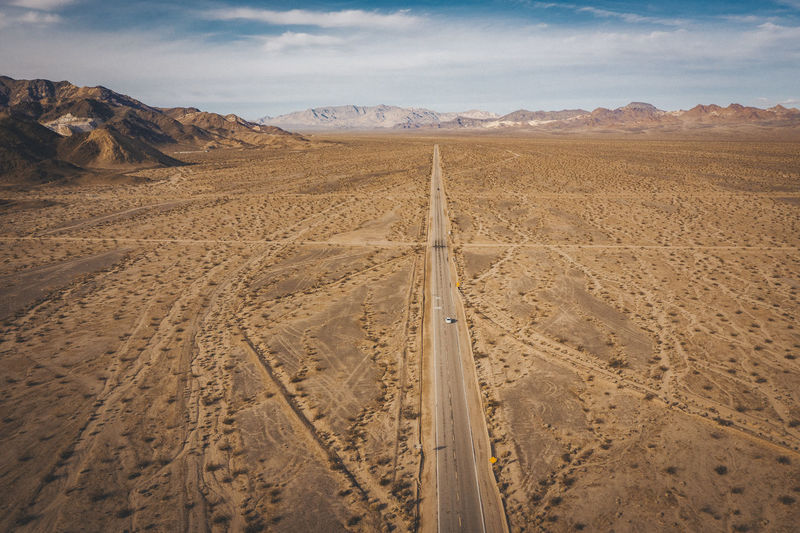 A lonely road through the californian desert from above