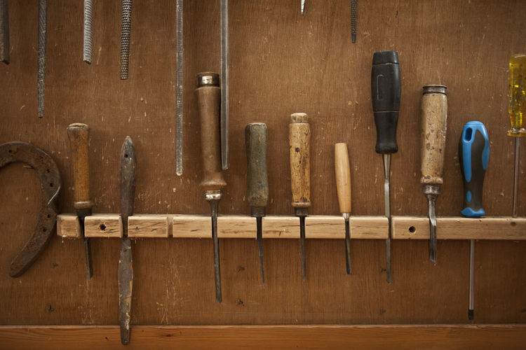 Close-up of hand tools on wooden board