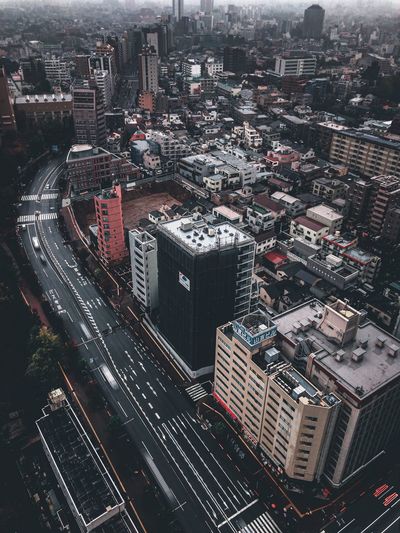 High angle view of buildings in city