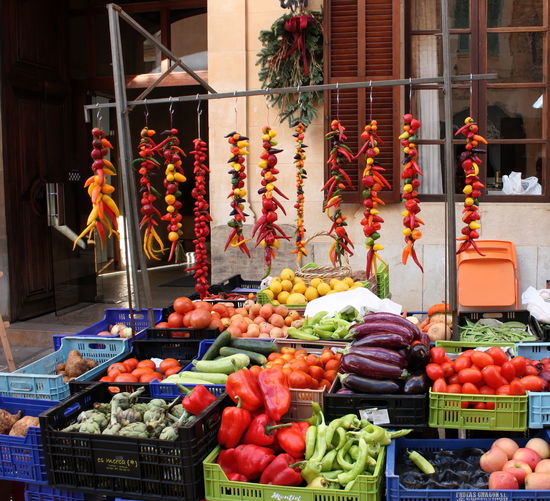 Outdoor stand with fresh fruit and vegetables in mallorca