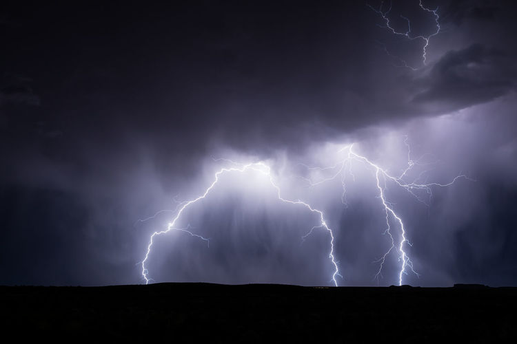 Dramatic lightning bolts strike from a summer thunderstorm near holbrook, arizona.