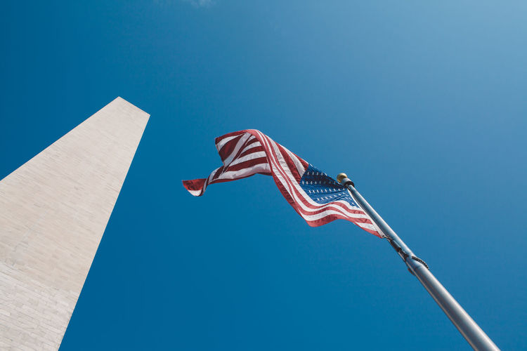 Low angle view of american flag fluttering against clear blue sky