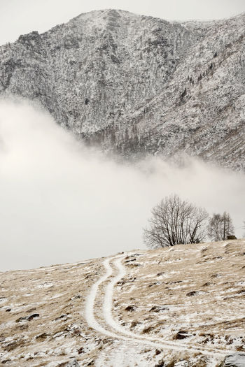 Scenic view of snow covered land against sky