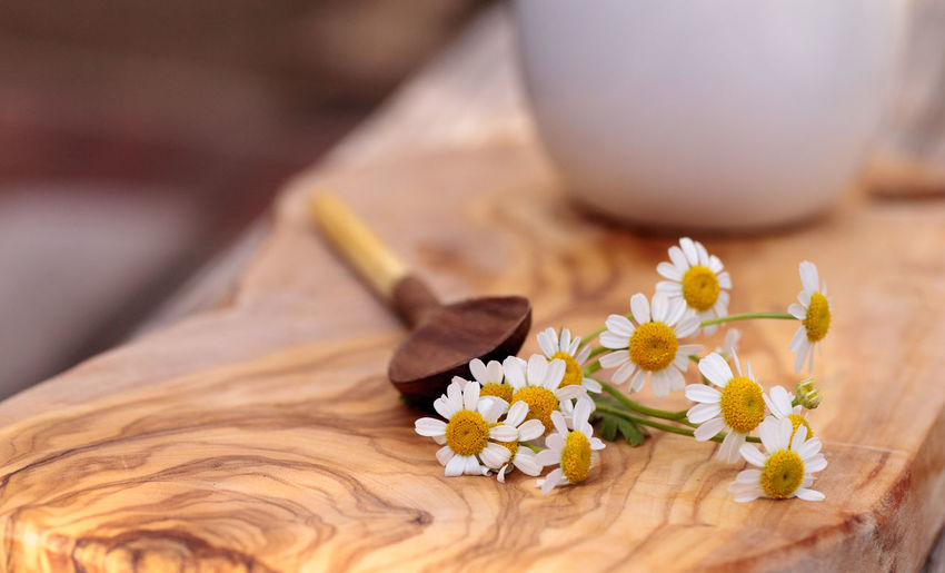 Close-up of white daisies on wooden cutting board at table
