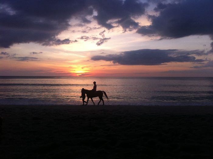 Silhouette woman horseback riding at beach against sky during sunset