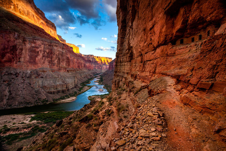 Scenic view of nankoweap granaries by colorado river at marble canyon