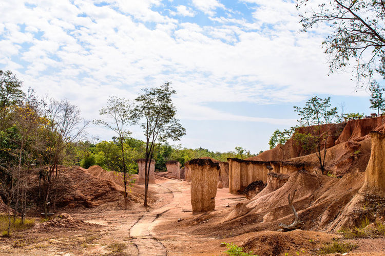 Rock formations on land against sky