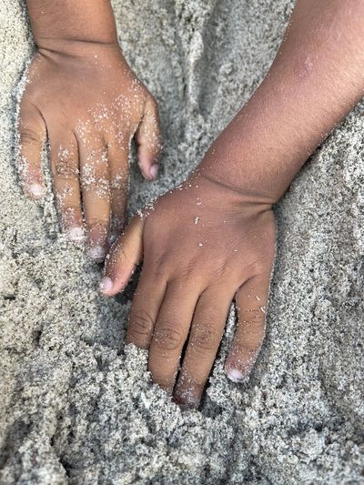 Close-up of woman hand on wet sand
