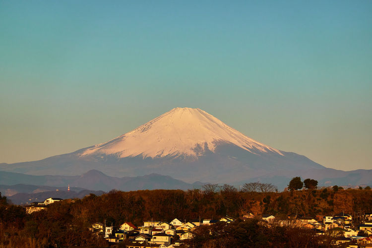 View of snow-capped volcanic mountain against blue sky