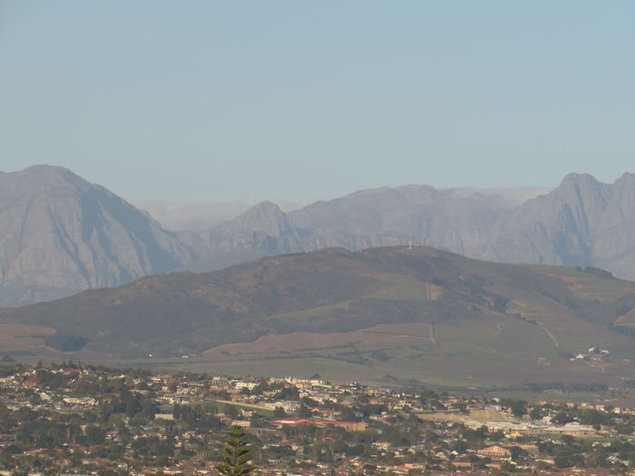 Aerial view of landscape and mountains against clear sky