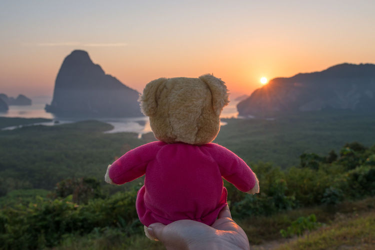 Cropped hand holding teddy bear against sea during sunset