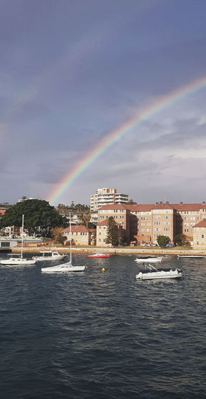 Scenic view of rainbow over river by buildings in city against sky