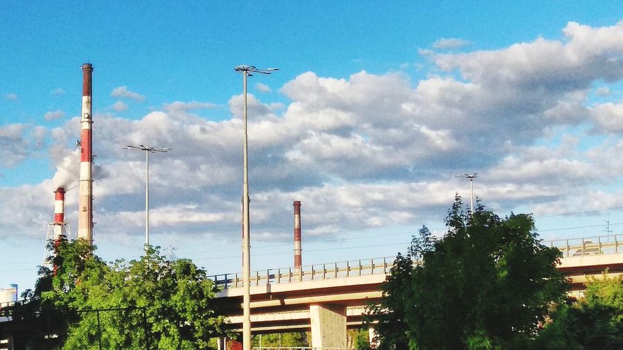 Low angle view of trees and buildings against sky