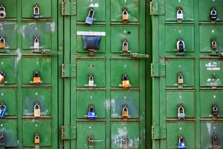 Full frame shot of locker with padlocks