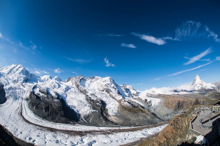 Panoramic view of snowcapped mountains against blue sky