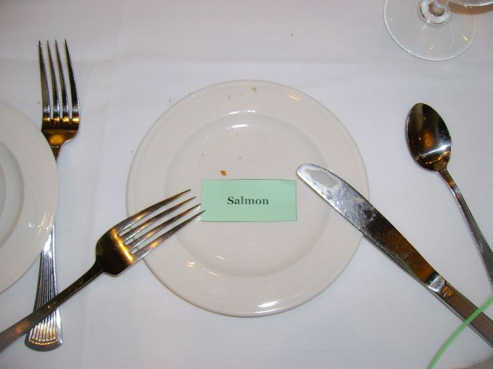 High angle view of plate with text by forks on table