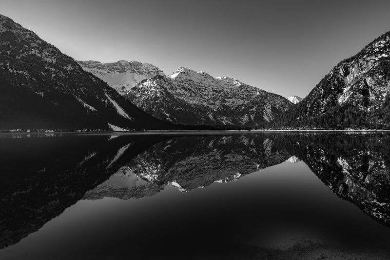 Reflection of mountains and lake against sky