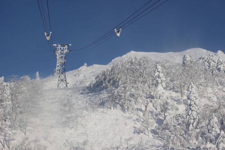 Overhead cable car over snowcapped mountains against sky