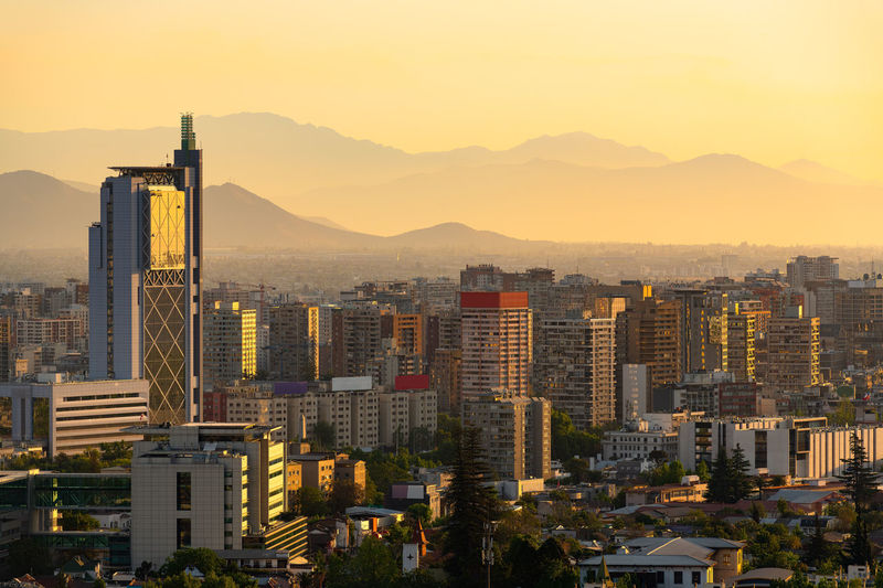 Elevated view of downtown santiago de chile at sunset.
