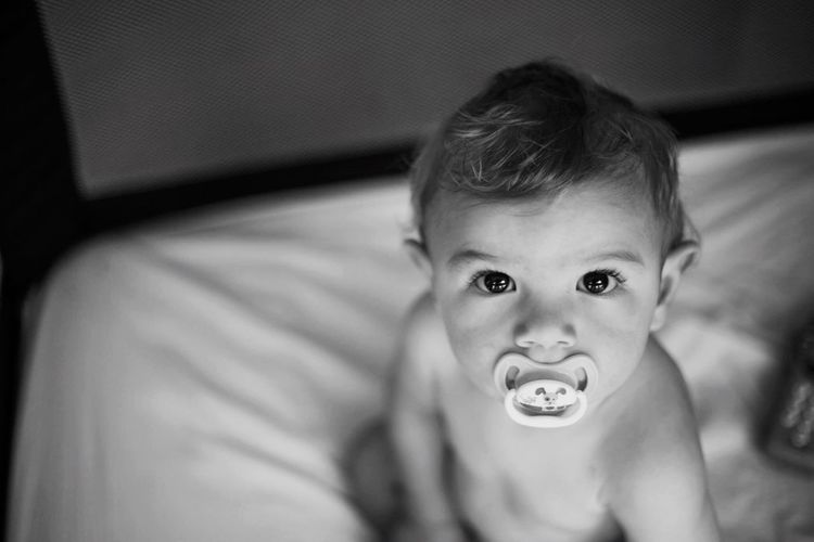 Portrait of baby boy sucking pacifier on bed