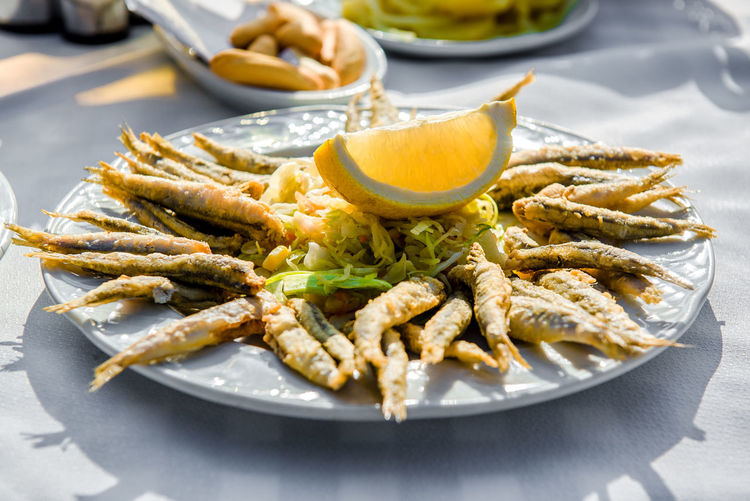 High angle view of fish in plate