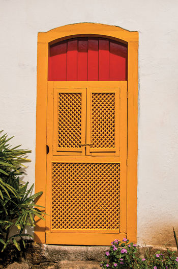 Close-up of colorful door in a cobblestone alley and vegetation in paraty, brazil
