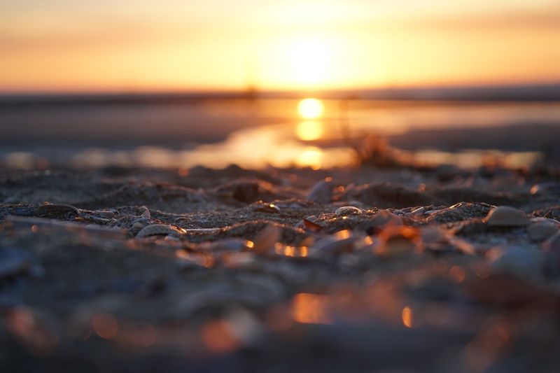 Surface level of pebble beach during sunset 