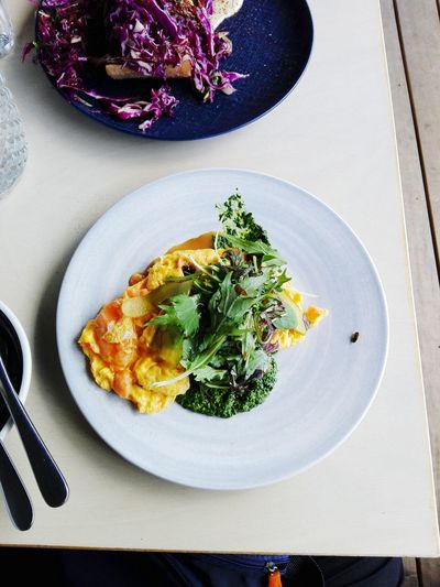 High angle view of breakfast in plate on table