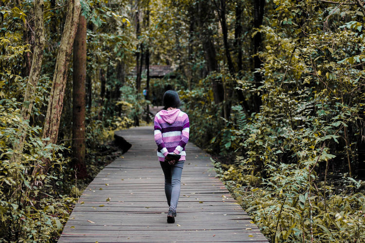 Rear view of woman walking on boardwalk amidst trees in forest