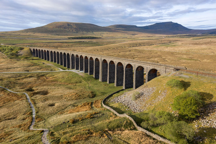 Aerial of the ribblehead viaduct a grade ii listed structure.