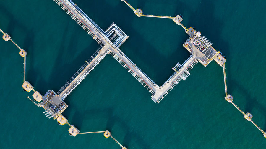 Aerial view of built structures over sea