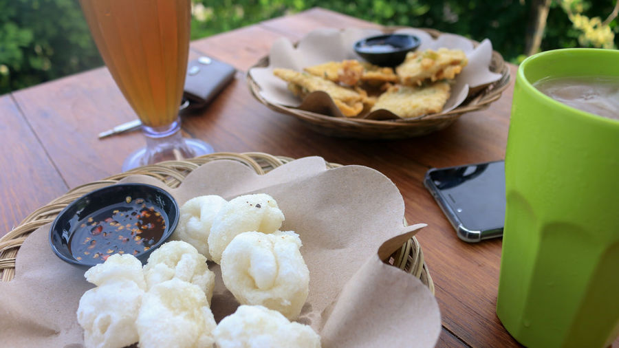 High angle view of breakfast served on table