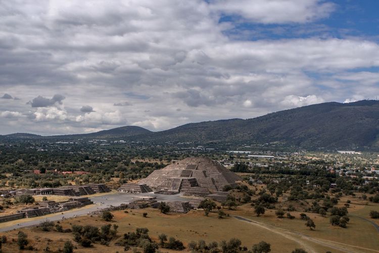 Aerial ruined view of town against cloudy sky in teotihuacan mexico 