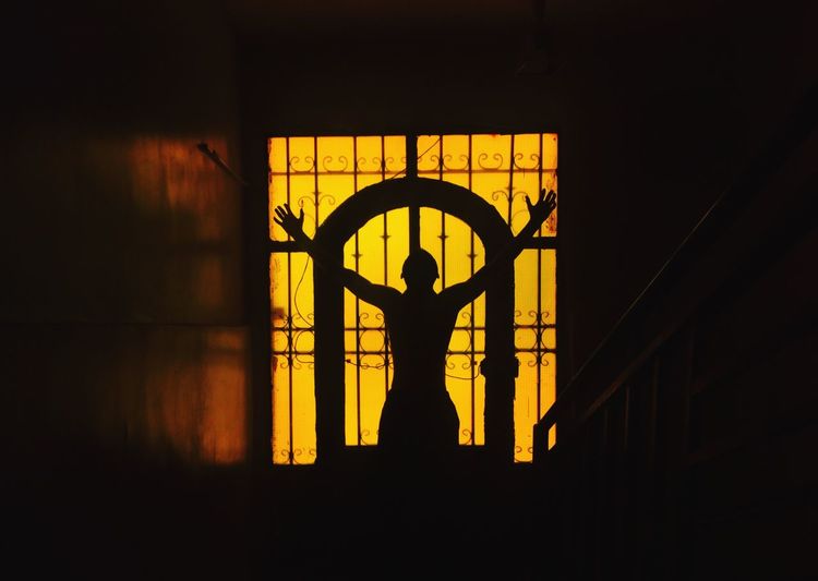 Silhouette woman standing in illuminated room at night