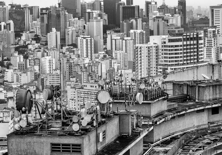 Set of communication antennas on a building rooftop in sao paulo downtown