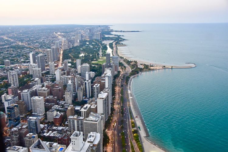 High angle view of city at waterfront
