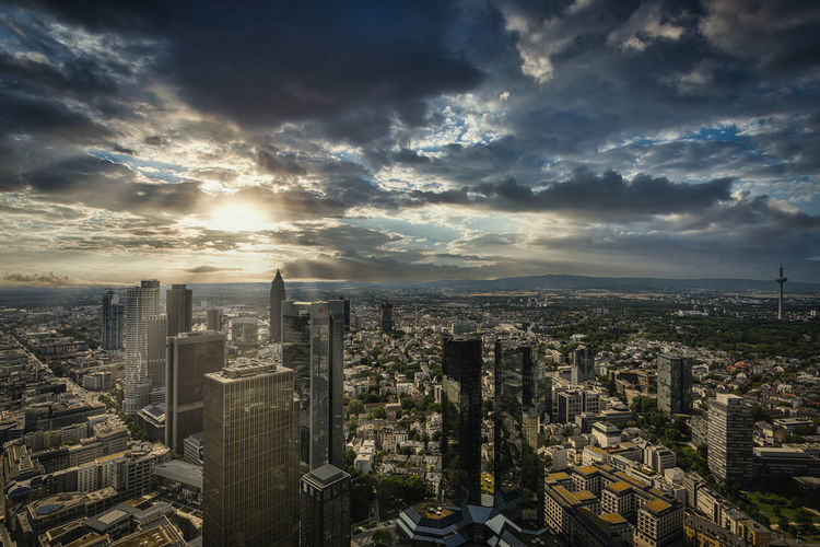 Frankfurt am main, july 2019. aan aerial panoramic view of the city