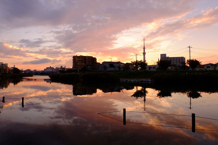 Reflection of factory on water against sky during sunset