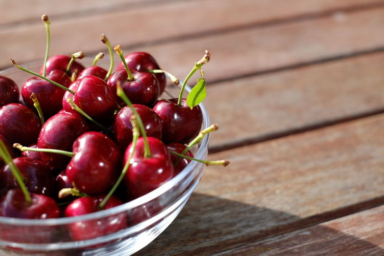 High angle view of cherries in bowl on table