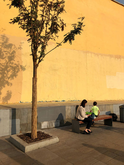 People sitting by tree against building