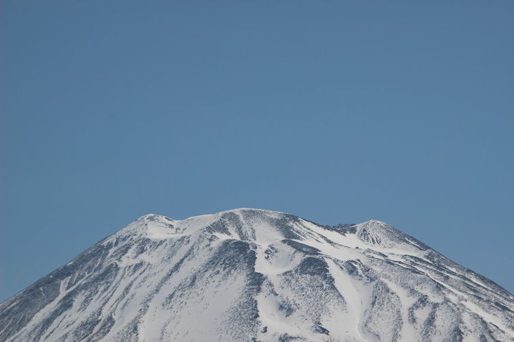 Low angle view of snowcapped mountain against clear blue sky